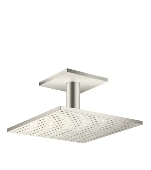 Kopfbrause mit quadratischem Design, Deckenanschluss und perforierter Oberfläche, gefertigt aus Edelstahl-Optik. AXOR ist auf der Oberfläche sichtbar.